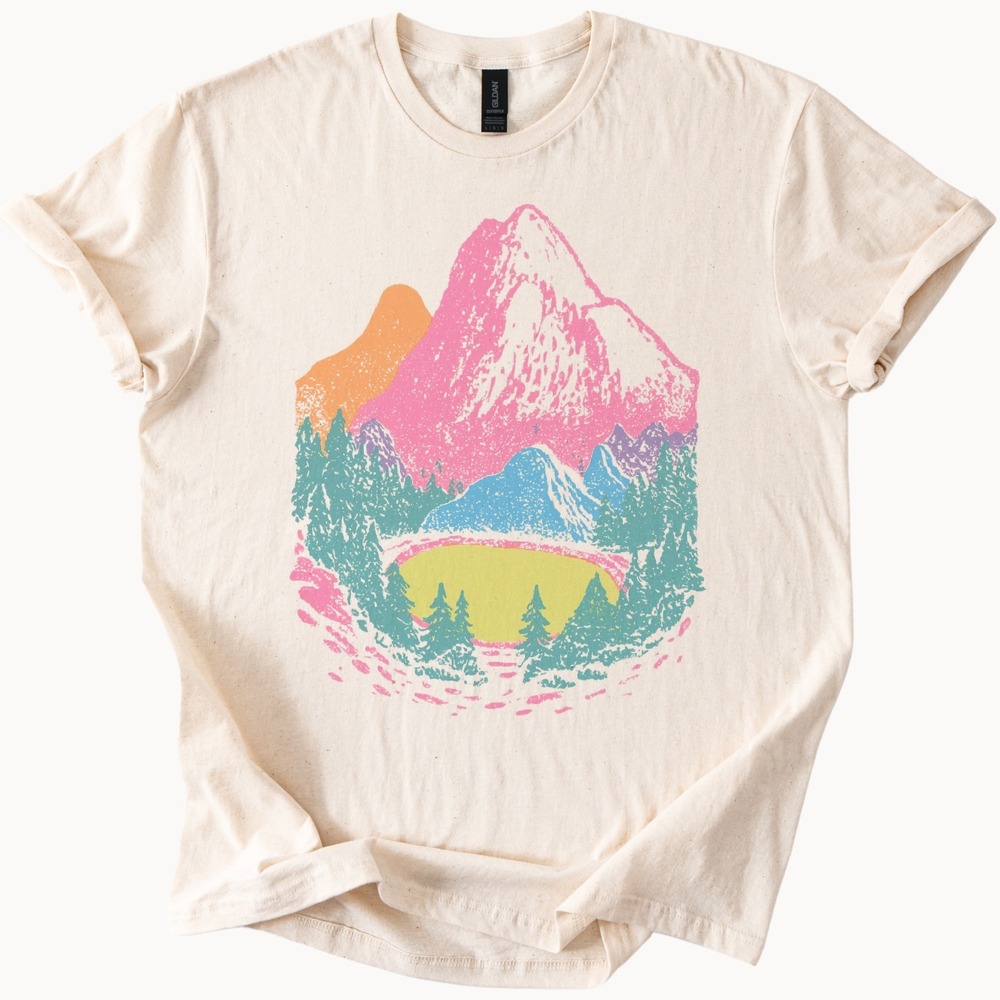 Retro Mountain Landscape Graphic Tee Colorful Nature Art